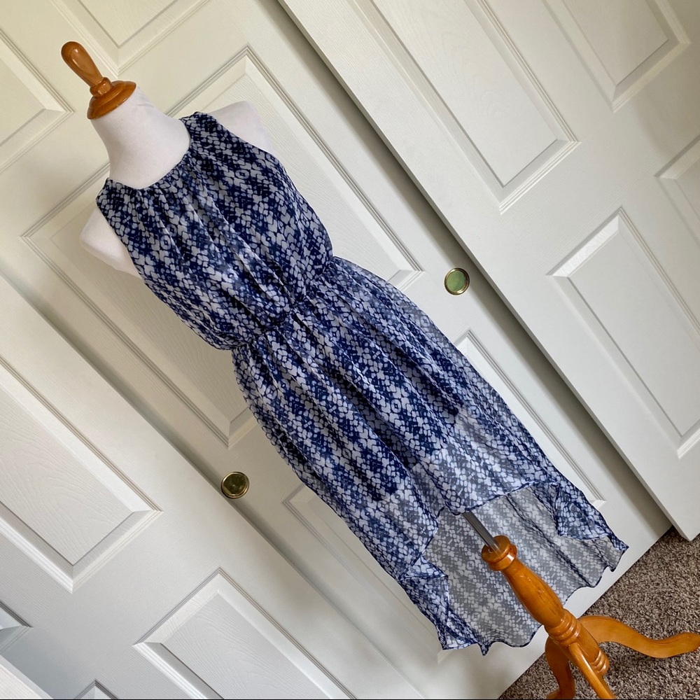 Forever 21 Navy White Tie Dye Geometric Print Asymmetrical‎ Chiffon Dress Sz S
